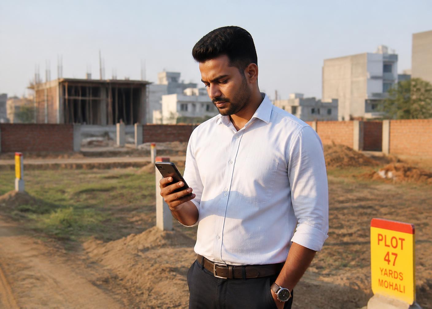 A property dealer checking listings on his phone at a plot site