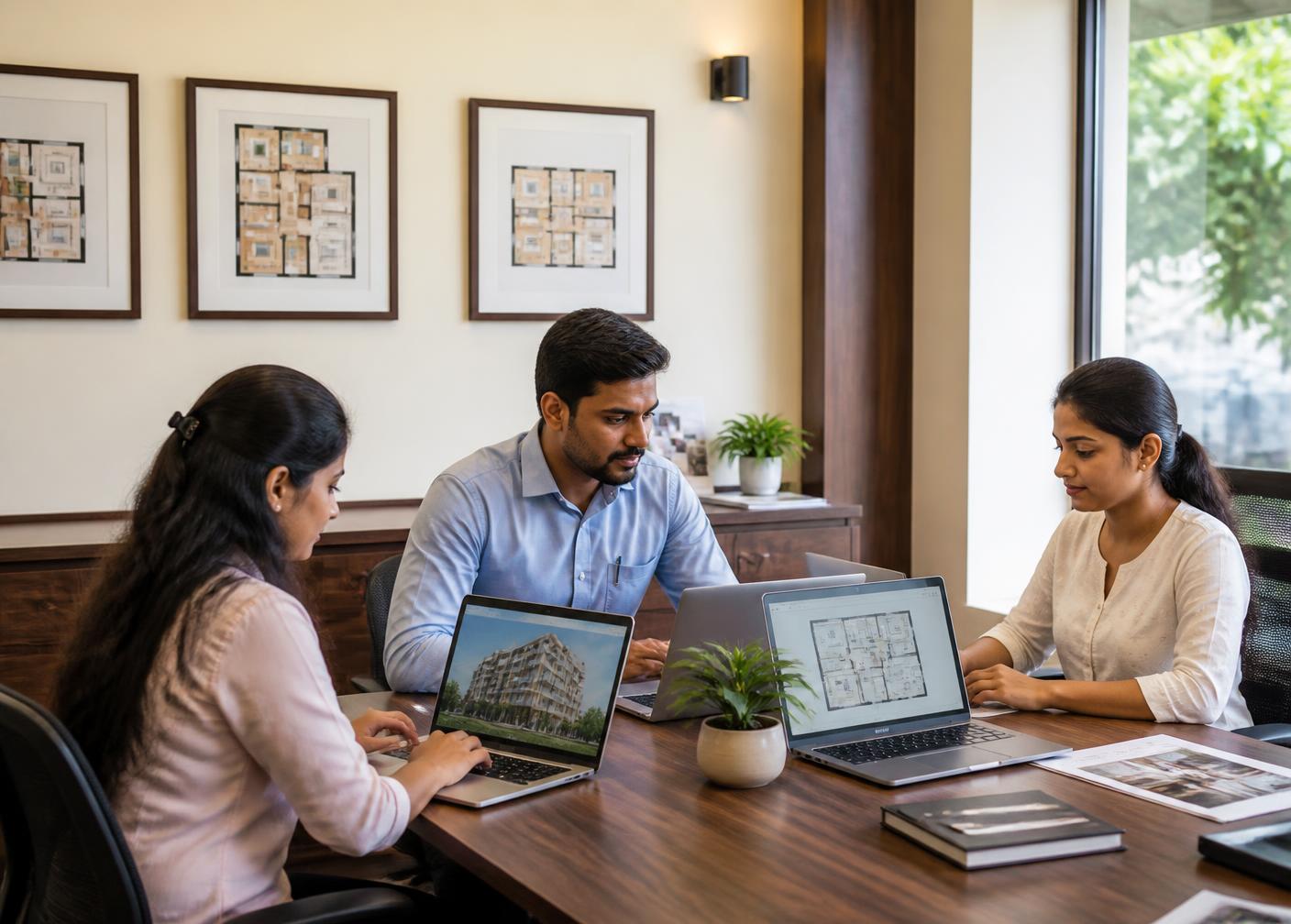 A property broking team reviewing listings and customer requirements together